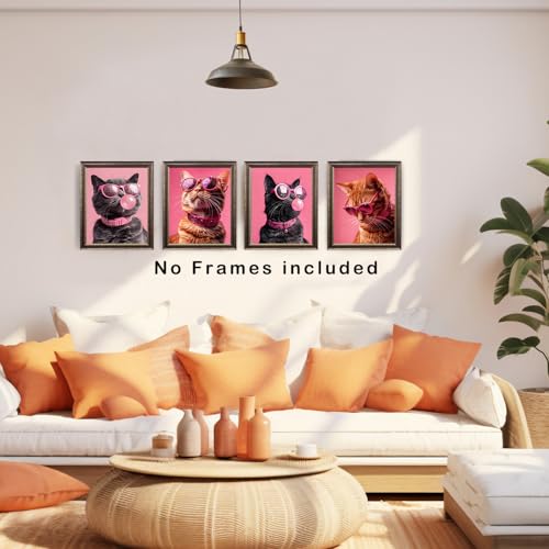XUNLURY Glam Hot Pink Funny Cat Wall Art Prints Unframed Set of 4, Cat Mom Lady Gifts, Trendy Pink Glitter Sunglasses Kitty Artwork Wall Pictures for Girls Room Bedroom Home, 8x10 IN — view 3