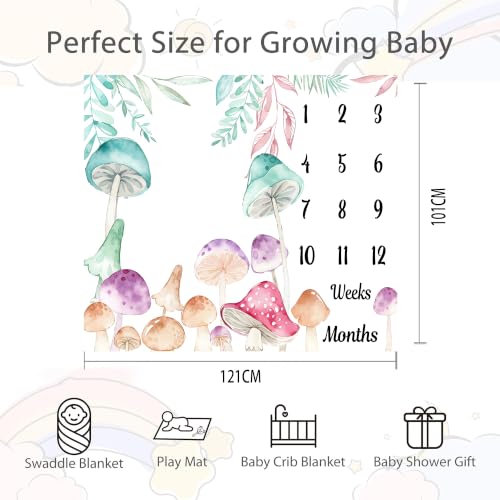 Image of Mushroom Theme Baby Monthly Milestone Blanket, Soft Flannel Watercolor Spring Tropical Eucalyptus Leaves Botanical Photography Prop Newborn Baby Shower Age Growth Tracker (Aqua, 48x40in)