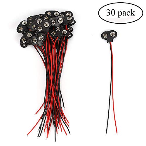 VIPITH 30 Packs 9v Battery Clip Connector Buckle, Faux Leather Housing T Type and 15cm Black and Red Cables for 9v Battery and Holders
