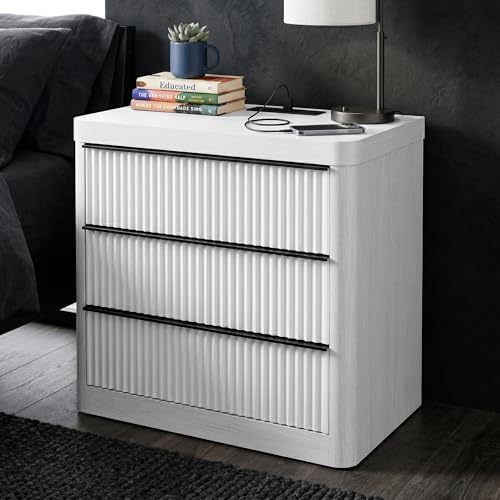 Image of FUSUNBAO Fluted Night Stand with Charging Station,3 Drawers Large End Table with Storage,Natural Nightstand Wood Bedside Tables,Farmhouse Cabinet Dresser for Bedroom,Sofa Table(White Oak)