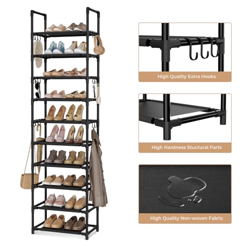 VTRIN 10 Tiers Tall Shoe Rack Holds 20-25 Pairs of Shoes Sturdy Vertical Shoe Organizer with 18pcs Hooks Stackable Narrow Shoe Rack for Closet, Entryway Black