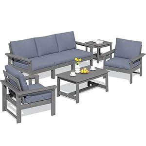 SERWALL HDPE Outdoor Patio Furniture Set, 7-Piece Outdoor Sectional Patio Conversation Set, All Weather Outdoor Couch Set Patio Sofa Set for Deck, Lawn, Grey Frame with Khaki Cushion