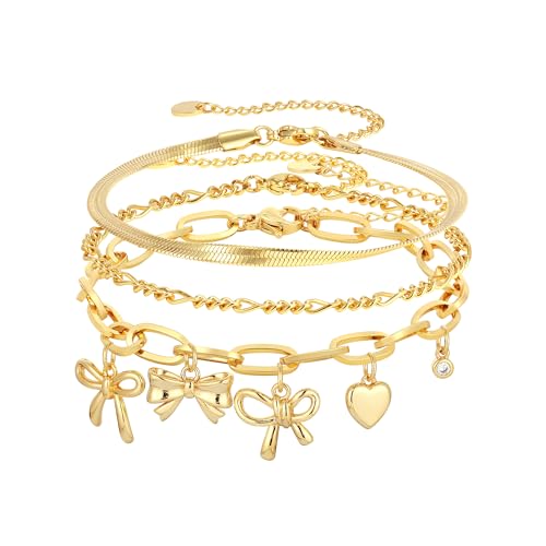 3PCS Charm Gold Bracelets for Women Non Tarnish,14k Plated Gold Bracelet Stack Cute Dainty Stackable Trendy Bow Cross Clover Bracelets Set Tarnish Free Gold Jewelry for Women Gifts