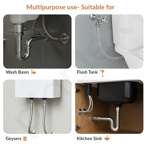 Image of Plantex Stainless Steel Leak Proof Geyser Connection Pipe | 18 Inch Hot & Cold Water Geyser Pipe | Set of 2 | G1 /2 Thread | Connection Pipe for Water Heater, Mixer & Sink | Chrome(pk-2)