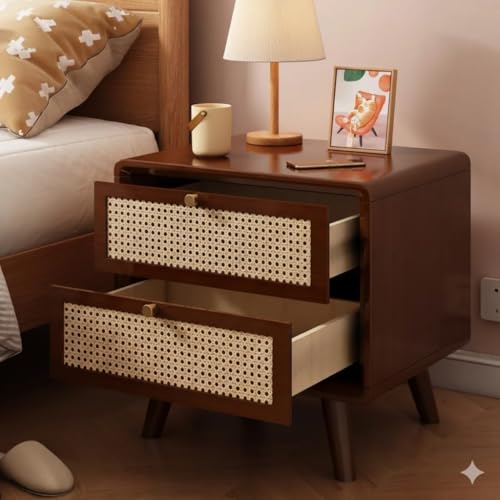 Image of MISAN Boston Solid Wood Bedside Table with Rattan Drawers Mid Century Night Stand for Living Room, Bedroom (Z-Walnut)