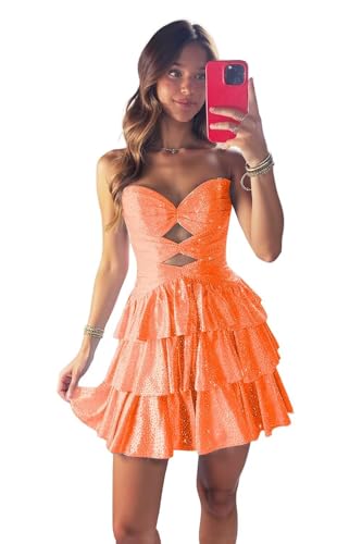 Sparkly Sequin Homecoming Dresses for Teens Women Glitter Shiny Cut Out Mini A-Line Tiered Prom Party Gowns