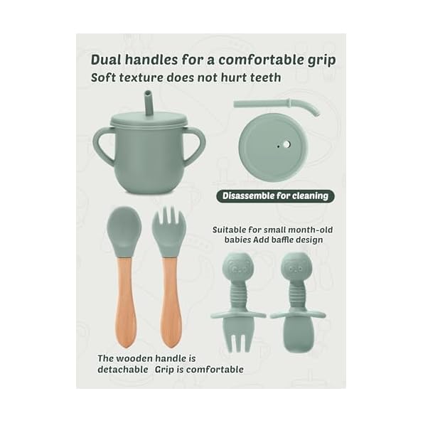24-PCS-Silicone-Baby-Feeding-Set-Baby-Led-Weaning-Supplies-Includes-Suction-Bowls-and-Divided-Plates-Adjustable-Silicone-Bib-Spoonsforks-Training-cup-with-straw-GreenBrownBeige