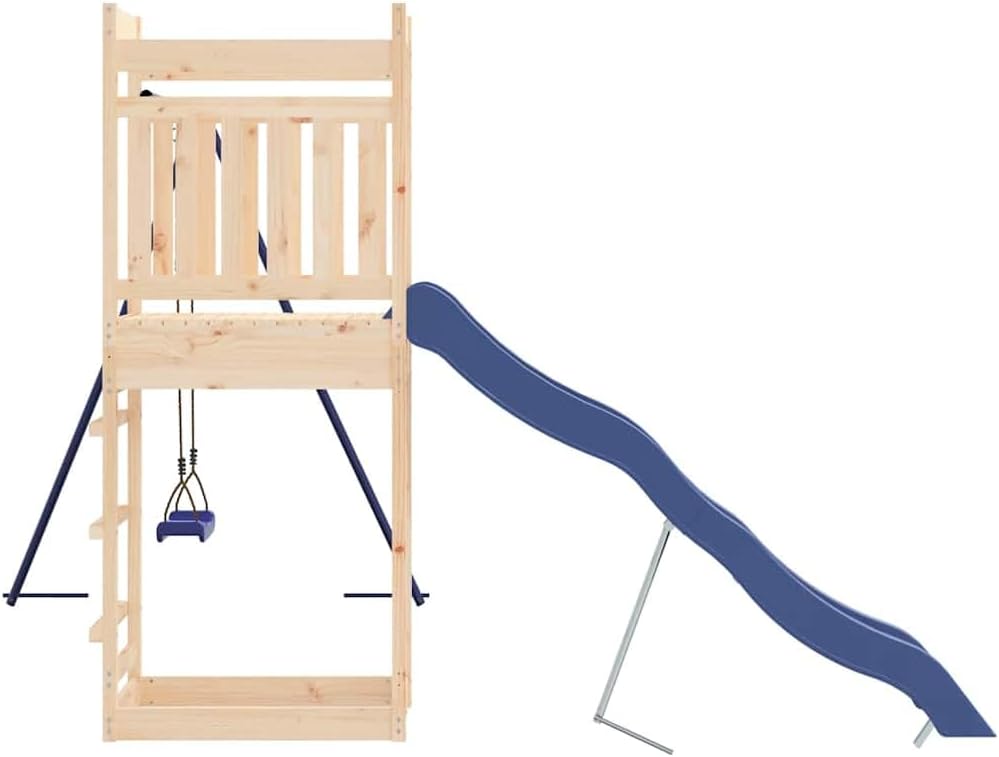 Outdoor Playset Natural Wood Solid Pine Wood Large Seats Single Swing Wavy Slide Sturdy Frame Anchors Included for Stability and Safety