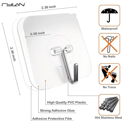 Image of TEKCOOL Adhesive Hooks for Hanging Heavy Duty Wall Hooks Self Adhesive Hooks Waterproof Transparent Hooks for Bathroom Shower Kitchen Keys Door Outdoor Home Improvement Utility Hook (Pack of 20)'
