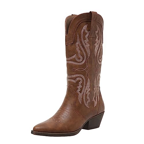 Image of Women's Cowboy Boots Mid Calf Pointed Toe Embroidered Chunky Block Heel | Western style mid-calf boots, breathable lining, all-day comfort,for jeans /dresses,concerts, daily wear, travel.