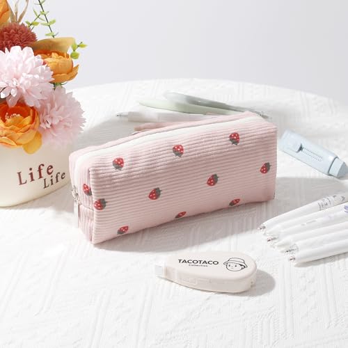 Image of Pencil Case Lightweight Aesthetic Pen Case Office College School Storage Bag Pouch Holder Box Organizer Makeup Pouch Cosmetic Bag for Girls Boys Kids (Flowers-Pink strawberry)