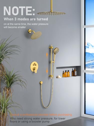 Image of Woindo Shower Faucet Set with Slide Bar, 12 inch Rain Shower Head /8'' Side Shower Head and 10 Setting Handheld Ceiling Mount 3 Push Button Diverter Complete Rainfall Shower System Included Valve Trim Kit