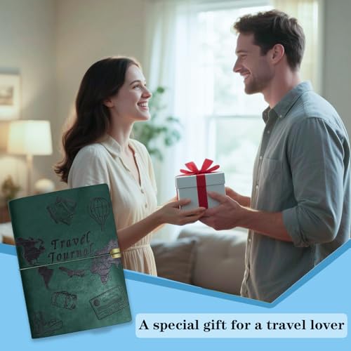 Image of Travel Journal for Women Men and Couples, Leather Travel Notebook with Prompts, Travel Memory Book & Adventure Book (Green)