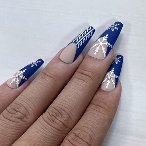 Christmas Press on Nails Long with White Snowflake Design Blue French Full Cover Xmas Fake Nails Coffin False Nails for Women and Girls Acrylic Nail DIY Christmas Decoration with Nail Glue 24 Pcs