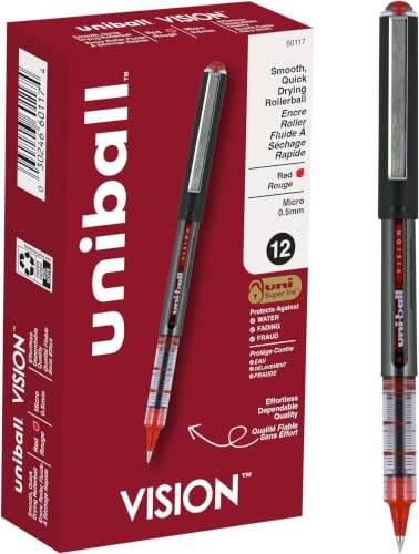 Image of uniball Vision Roller Ball Pen, Stick, Micro 0.5 Mm, Red Ink, Gray /red Barrel, Dozen (Pack of 12)