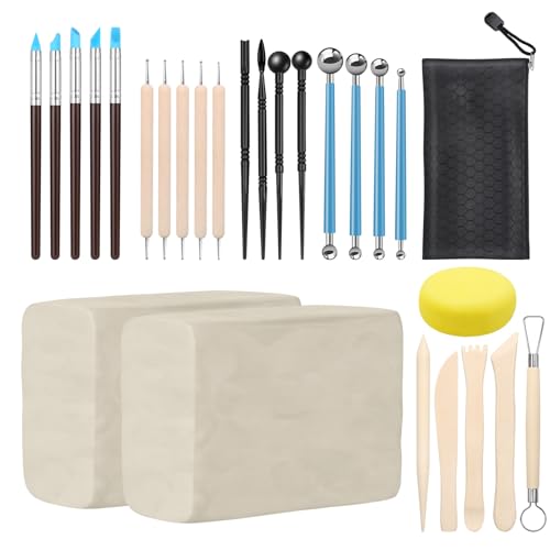 ZEHIQ Premium Air Dry Clay Kit 2.2LBs Natural White Pottery Clay with 25 Pcs Clay Sculpting Tools Modeling Clay for Pottery Wheel & Craft Projects Ideal for All Skill Levels (White & Tools)