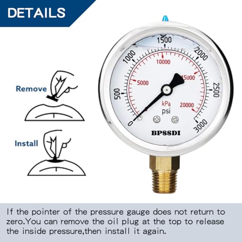 Image of 0-3000 Psi Glycerin Liquid Filled Hydraulic High Pressure Gauge, 2.5 inch Dial Size, 1 /4 inch NPT Lower Mount, 304 Stainless Steel Case, for Water Oil Air Gas Pressure Test