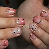 24pcs Gold Star Press On Nails Square Fake Nails Moon With Gradient Design Full Cover Acrylic Glue On Nails Short Stick On Nails For Women Reusable Nail Art Supplies