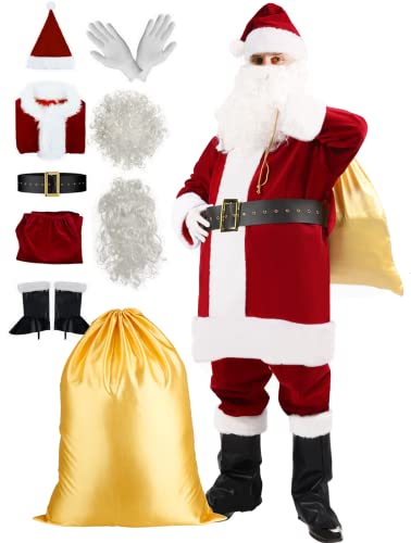 Christmas Santa Claus Costume with Beards Santa Suit Adult Men Deluxe Santa Outfit Halloween Costumes Plush Velvet Big Tall Complete Set (XL to 2XL, Wine Red)