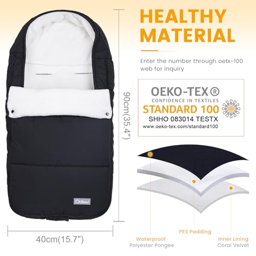 Image of Orzbow Footmuff for Stroller, Weatherproof Anti-Kick Universal Toddler Sleeping Bag,Removable Warm Coral Fleece Lined Stroller Bunting Bag Footmuff（Black）