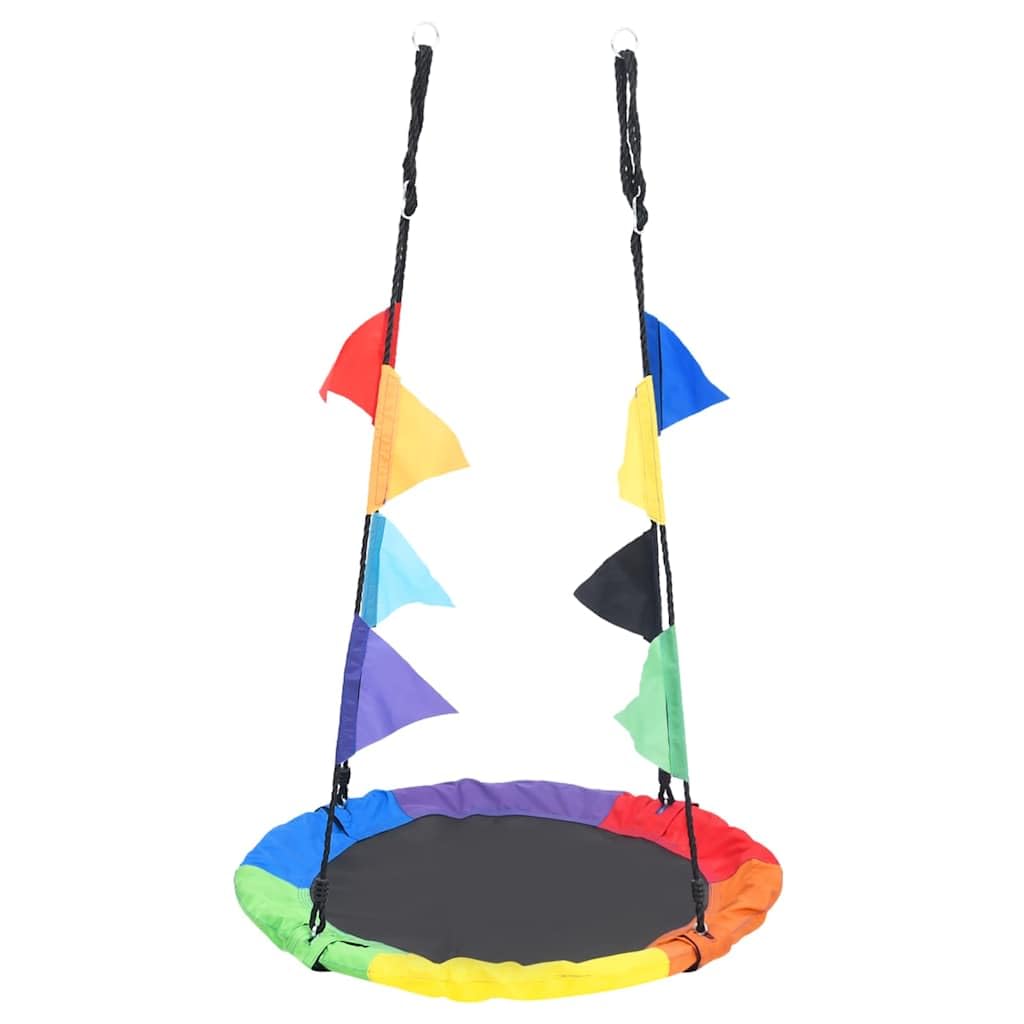 Columpio nido de 100 cm con banderas de arco iris, columpio redondo para niños con cuerdas ajustables, soporta hasta 100 kg, columpio de jardín para exteriores