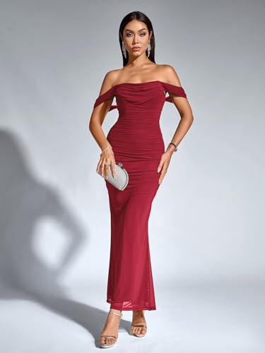 Image of KUTUMAI Off The Shoulder Maxi Long Dress Corset Ruched Bodycon Cocktail Formal Wedding Guest Dresses for Women