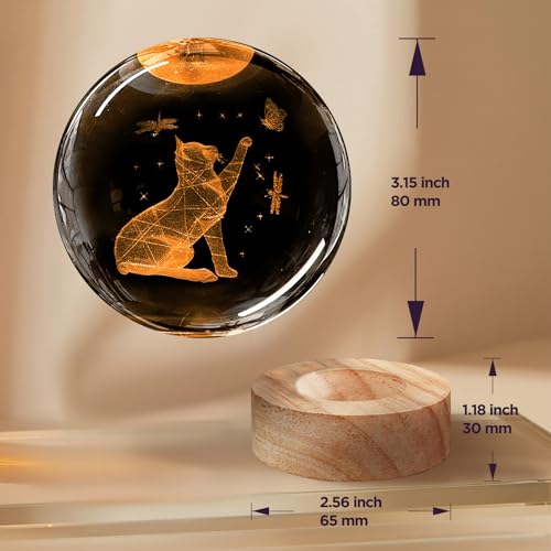 Image of 3D Cat Crystal Ball Night Light with Woodern Base, 3.15 inch Cat Figurines Glass Lamp with 16 Colors Cat Snow Globes Cool Desk Decor Cat Gifts for Women Girl Cat Lovers Kids Friends