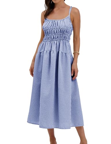 Image of Women's 2025 Summer Striped Smocked Maxi Dress Sleeveless Boho Sundress Double Strap Flowy Swing for Beach Vacation