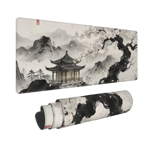 Image of Black Grey Japanese Mouse Pad 31.5x11.8 XL Watercolor Painting Cherry Blossoms Extended Large Mousepad Keyboard Mouse Mat Desk Pad with Non-Slip Rubber Base Stitched Edges for Home Office Game