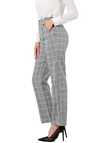 Allegra K - Pantalones Largos a Cuadros para Mujer, Cintura elástica, Informales, para Trabajo y Oficina, Gris, Small