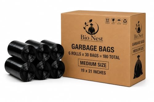 Image of Garbage Bags | Medium | 180 Count | 30 Bags X 6 Rolls | 19 X 21 Inches | For Dry & Wet Waste | Black