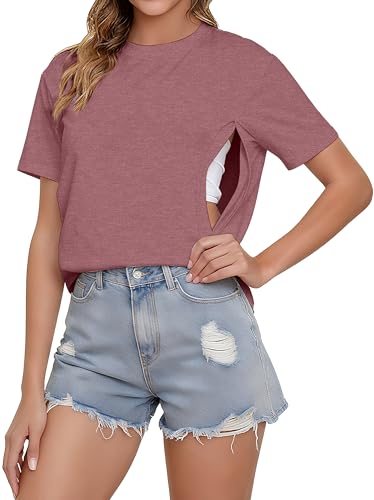 Image of Comfort Breastfeeding Shirts for Women Zip Nursing Tops Causal Distressed Acid Washed Maternity Tees