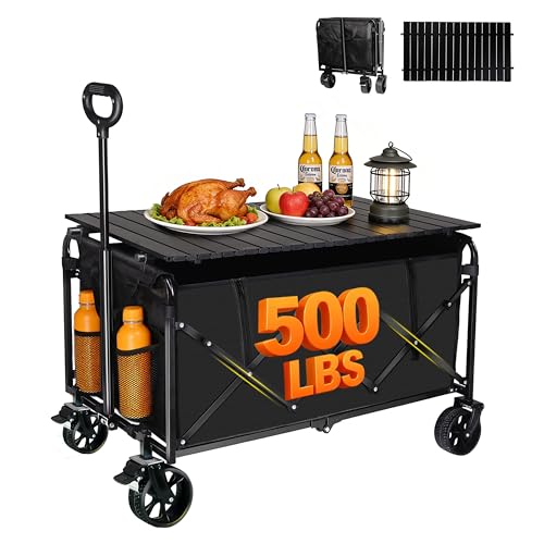 500LBS Collapsible Foldable Wagon Cart - 230L Large Wagons with Table Heavy Duty Portable Utility Folding Cart with 360 Swivel Brakes Wheels & 2 Cup Holders for Shopping Camping Beach Garden & Fish