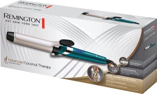Remington lokówka 32mm do włosów z klipsem, ceramiczna, z odżywką z kokosa i filtrami UV, chroni włosy przed uszkodzeniem, regulacja do 210°C, etui, turkusowa, Advanced Coconut Therapy CI8648