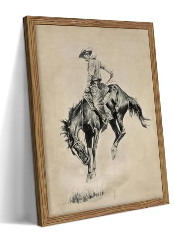 Image of Western Cowboy Wall Art, Vintage Farmhouse Canvas Wall Decor Painting, Retro Southwestern Cowboy Artwork Prints Pictures for Bedroom Living Room Home Decor 12x16 Inch Framed