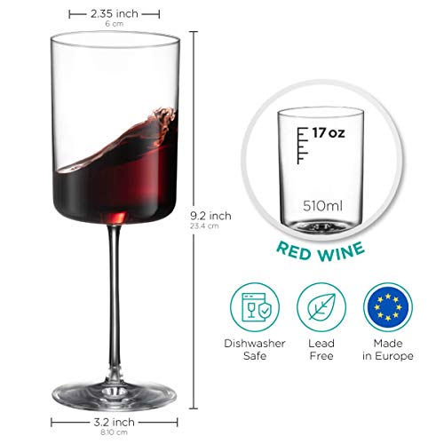 Beneti Large Square Wine Glass Set Of 4-17 Oz European-Made Hand Blown Glass White Wine Goblets W/Laser-Cut Rim, Dishwasher-Safe Crystal Clear Red Wine Glass Gift Set #TOP4
