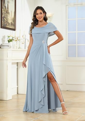Sukleet Women's Chiffon Mother of The Bride Dresses Long for Wedding Cape Sleeves Ruffles Formal Evening Gown with Slit3