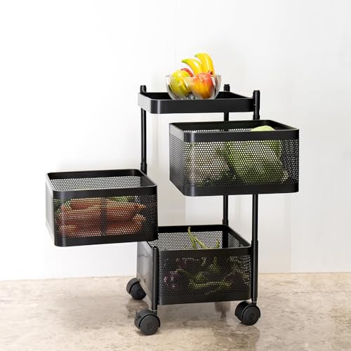 Image of MARKWELL Square Kitchen Trolley with Wheels | Vegetable Onion Storage Rack for Kitchen | Multipurpose Organizer Stand with Basket | Black (Layer 3)