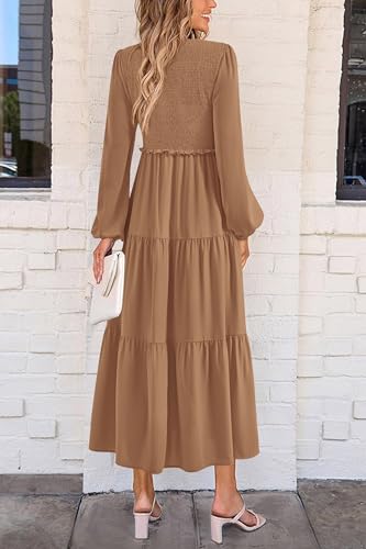 Image of PRETTYGARDEN Fall Dresses for Women 2025 Casual Long Sleeve V Neck Smocked A Line Long Flowy Wedding Guest Dress