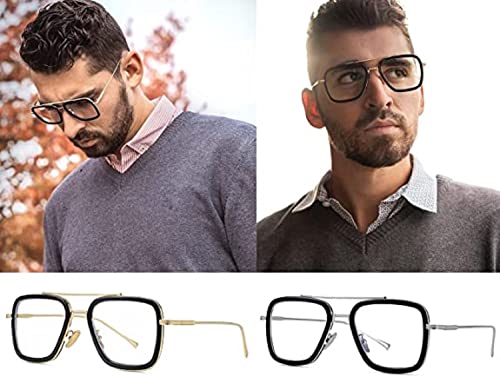 Image of Blue Light Blocking Blue Cut Zero Power anti-glare Rectangular Eyeglasses, Tony Stark Frame for Eye Protection from UV by Computer /Tablet /Laptop /Mobile (GOLD)(TONY GOLD CLR BLUE CUT BZ)