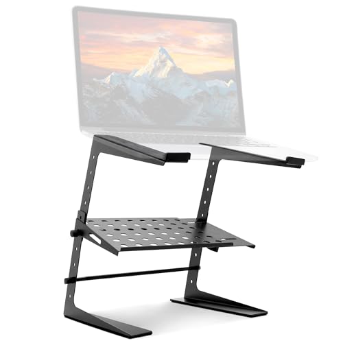Pyle Adjustable DJ Laptop Stand with Two-Tier Storage Shelf – Portable Table for Laptop, CD Player, DJ Controller, EFX/Lighting Gear, 4 Heights, Durable, 8 lb Capacity