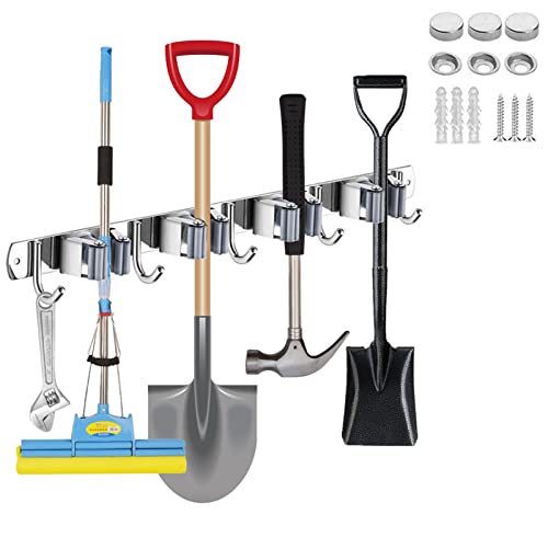 Soporte Escobas Pared Tornillo, Mokife Sujeta Escobas Adhesivo Cuelga Fregonas Acero Inoxidable Organizador Estante con 4 Posiciones y 5 Ganchos para Lavadero Cocina Baño Garaje Jardín Oficina Cover
