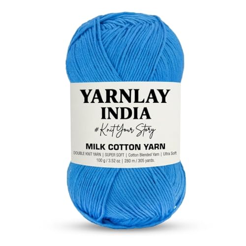 Image of Yarnlay 3 Ply Soft Milk Cotton Yarn for Crochet Knitting, Amigurumi, Punch Needle .DIY Crafts, Summer Wear,Flowers Toys & Cushion Covers 100g (250m) (Shade 20: Doremon Blue)