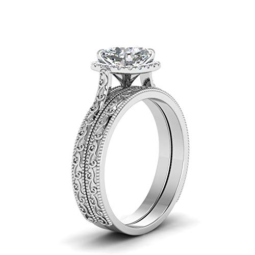Image of Choose Your Gemstone Hand Engraved Halo Cushion Wedding Ring 925 Sterling Silver Cushion Shape Wedding Ring Sets Matching Jewelry Wedding Jewelry Easy to Wear Gifts US Size 4 to 12