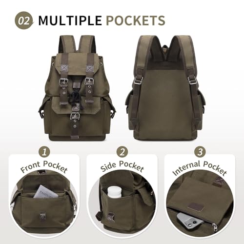 Vintage Canvas Backpack for Men Women, Durable Casual Daypack, Large Capacity Travel Rucksack Fits for Hiking and Daily Use (Green) - Image 5