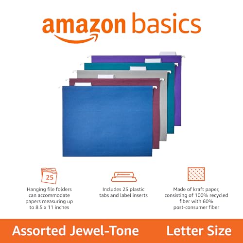 Image of Amazon Basics Hanging File Folders with Adjustable Tabs for Document Organization, Letter Size, Assorted Jewel-Tone Colors, 25-Pack