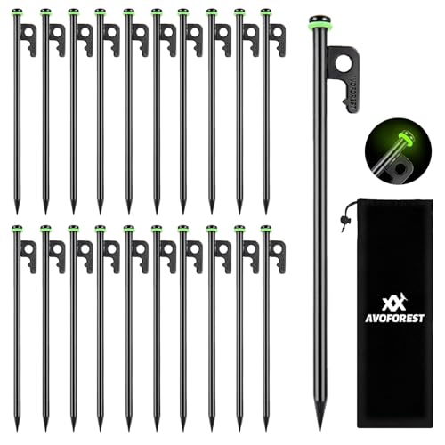AVOFOREST 12Inch Heavy Duty Tent Stakes, 20 PCS Tent Pegs Metal+Fluorescent Silicone Rings+ Storage Bag for Camping