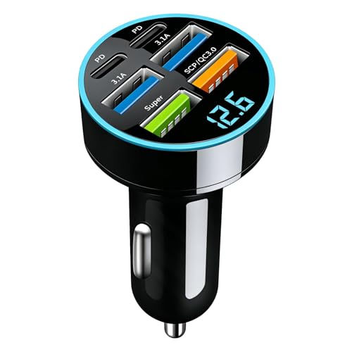 66W USB Chargeur de Voiture avec 6 Ports [2PD+2USBA 3.1A +1 Super+1SCP/QC3.0], Adaptateur Allume Cigare avec Voltmètre LED, Charge Rapide 12V-24V pour 1Phone Android Samsung Tablette Smartphone
