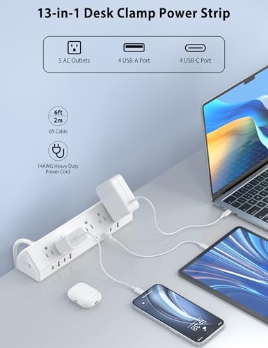 Image of Jgstkcity Desk Clamp Power Strip,Edge Mount,65W USB C,1200J,White | 4 USB-C Ports,Fit 1.96'' Tabletop,1875W Extension Cord,ETL Listed,Outlet Extender Desk Organizer,Office,Gaming,Dorm