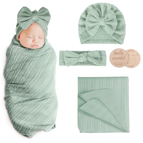 Image of AQOKKA Newborn Receiving Blanket with Bow Hat Mittens Wooden Card Set Wheat-Pattern Newborns Toddler Baby Boy Girl Nursery Swaddle Wrap